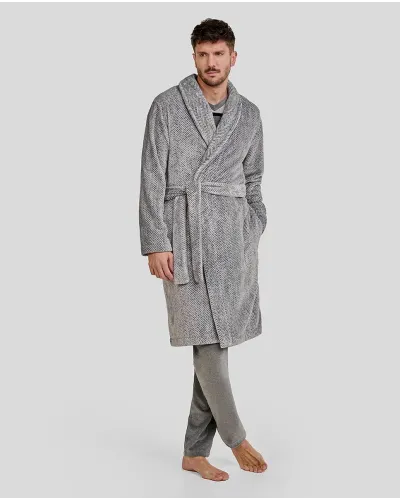 Man wearing a grey double-breasted dressing gown with side pockets