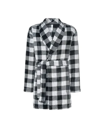 Man wearing a black and white checked winter dressing gown with a belt and pockets