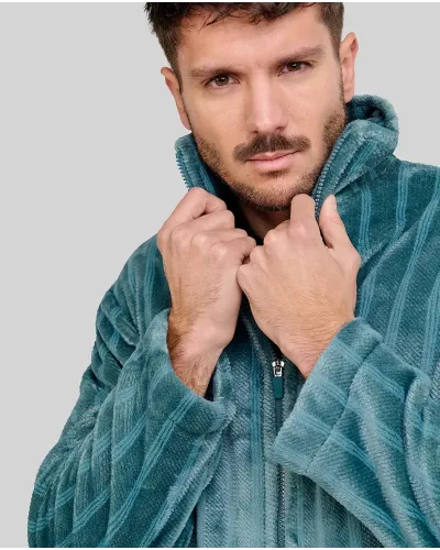 Hombre con bata corta de invierno verde jacquard rayas y bolsillos laterales