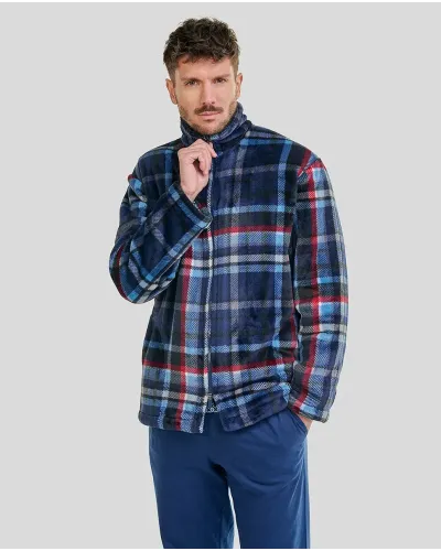 Man wearing a short blue, red and white checked fleece jacket