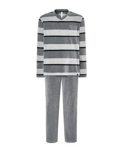 Man wearing comfortable long grey velvet striped winter pyjamas
