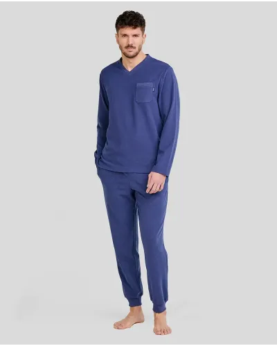 Long men's pyjamas for winter in warm navy fabric with a V-neck.