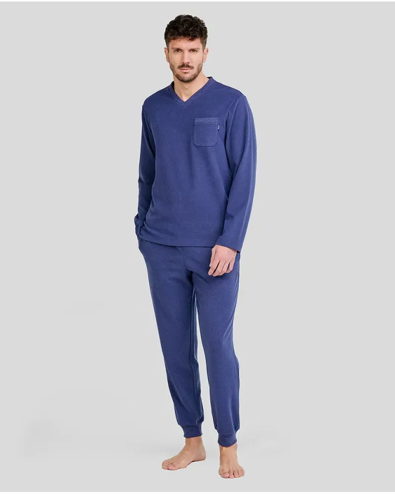 Long men's pyjamas for winter in warm navy fabric with a V-neck.