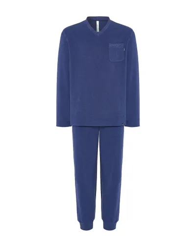 Long men's pyjamas for winter in warm navy fabric with a V-neck.