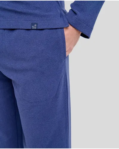 Long men's pyjamas for winter in warm navy fabric with a V-neck.