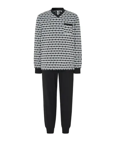 Man wearing long black winter pyjamas with diamond print and elasticated cuffs