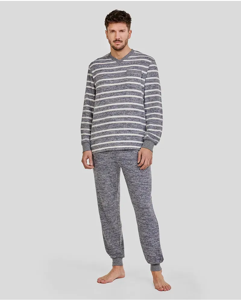 Man wearing comfortable long winter pyjamas in a blue melange stripe pattern