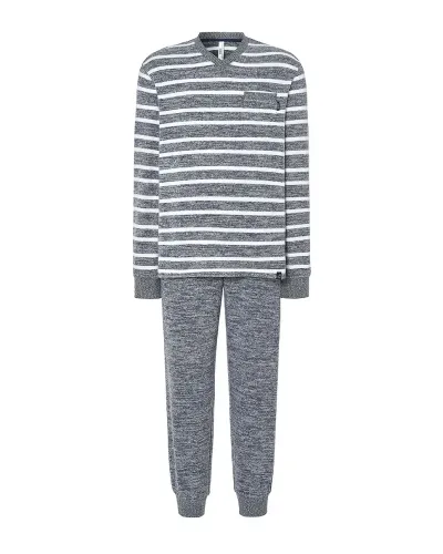 Man wearing comfortable long winter pyjamas in a blue melange stripe pattern