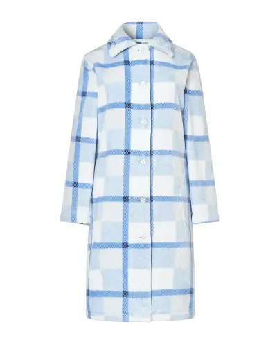 Woman wearing a long buttoned blue and white checked dressing gown with pockets