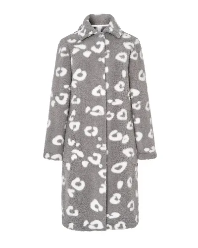 Woman wears knee-length grey fleece robe with white animal patterns and two pockets