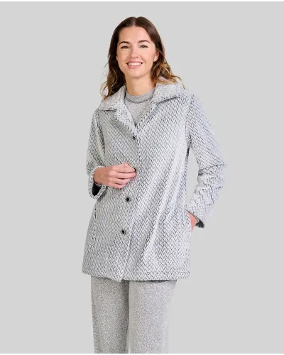 ✅ Women's short cardigan in grey herringbone jacquard fabric | LOHE ®