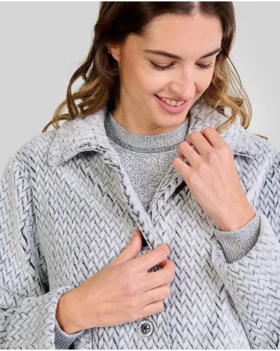 ✅ Women's short cardigan in grey herringbone jacquard fabric | LOHE ®