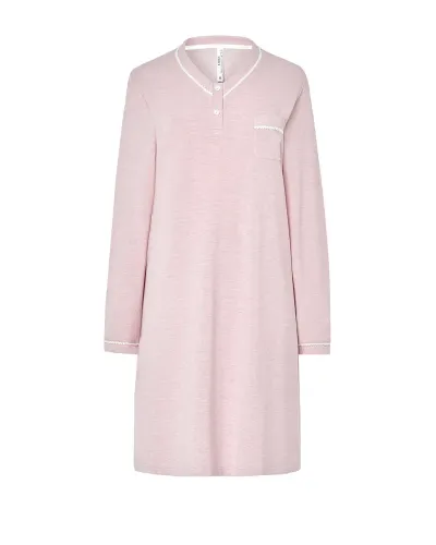 Woman poses in a pink long-sleeved nightdress with a breast pocket and buttoned neckline, ideal for sleeping.