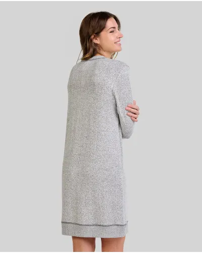 Woman poses in a grey long-sleeved nightdress with elasticated cuffs and the phrase "dreamy forever" embroidered on it.