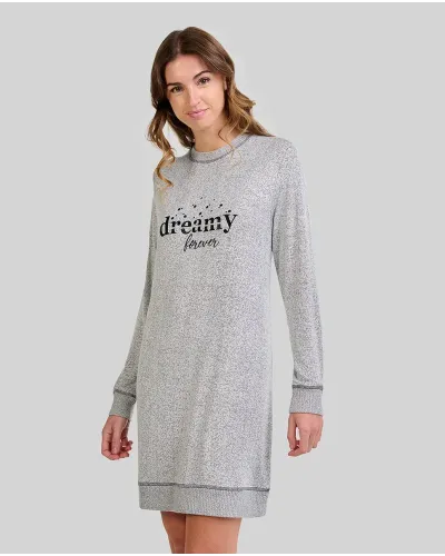 Woman poses in a grey long-sleeved nightdress with elasticated cuffs and the phrase "dreamy forever" embroidered on it.
