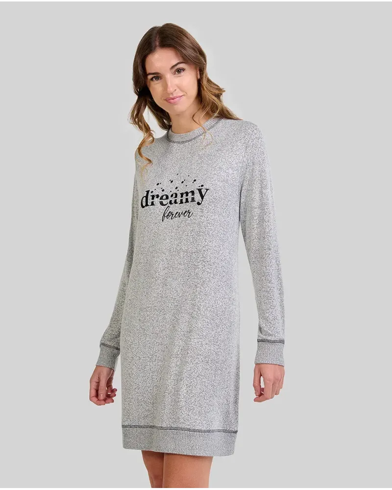 Woman poses in a grey long-sleeved nightdress with elasticated cuffs and the phrase "dreamy forever" embroidered on it.