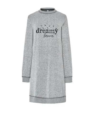 Woman poses in a grey long-sleeved nightdress with elasticated cuffs and the phrase "dreamy forever" embroidered on it.