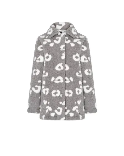Woman wears short grey button-up robe with animal print over grey pyjamas