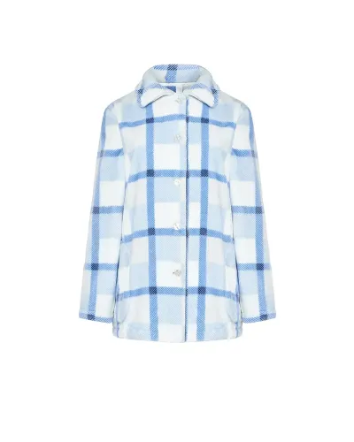 Woman wearing a short blue and white checked robe with buttons and side pockets.
