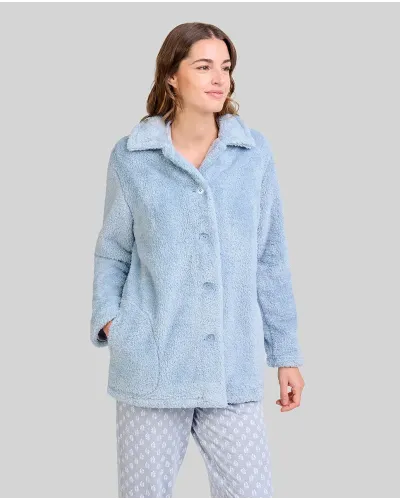 Woman wearing a comfortable and modern short steel blue terrycloth button-up robe with pockets