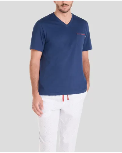 Pijama largo hombre para verano camiseta manga corta marino y pantalón largo plumeti