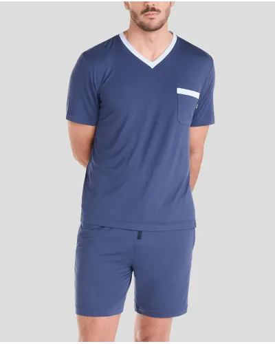 Men's navy modal short pyjamas with contrasting V-neck