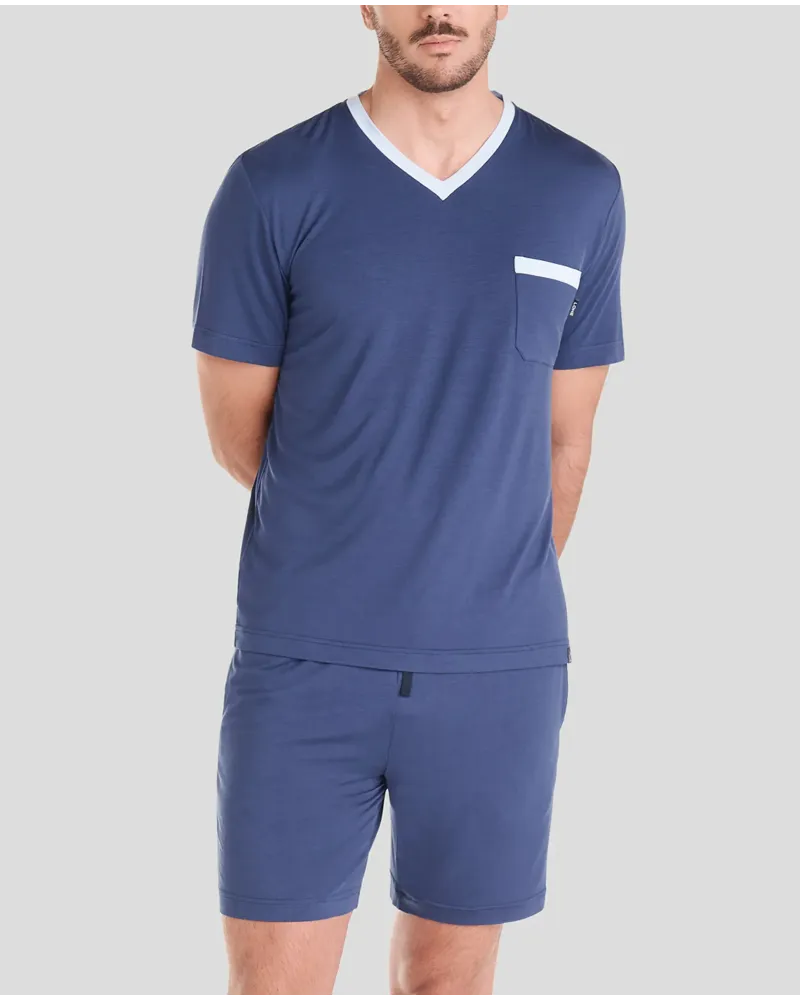 Men's navy modal short pyjamas with contrasting V-neck