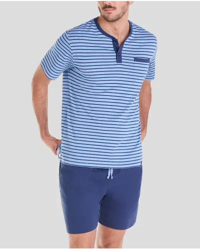 Man wearing blue striped summer pyjama shorts and matching shorts