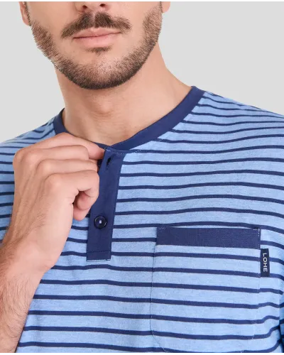 Man wearing blue striped summer pyjama shorts and matching shorts