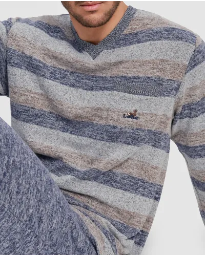 Man in grey striped winter pyjamas with V-neck collar