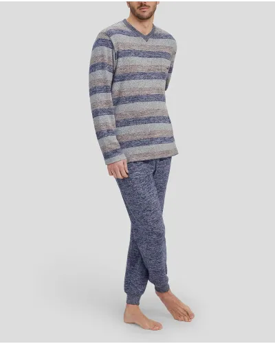 Man in grey striped winter pyjamas with V-neck collar