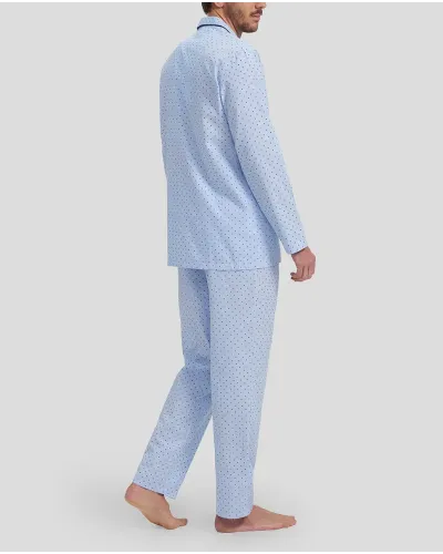 Man in long blue shirt pyjamas, collar with piped collar