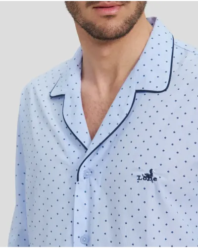 Man in long blue shirt pyjamas, collar with piped collar