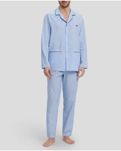 Man in long blue shirt pyjamas, collar with piped collar