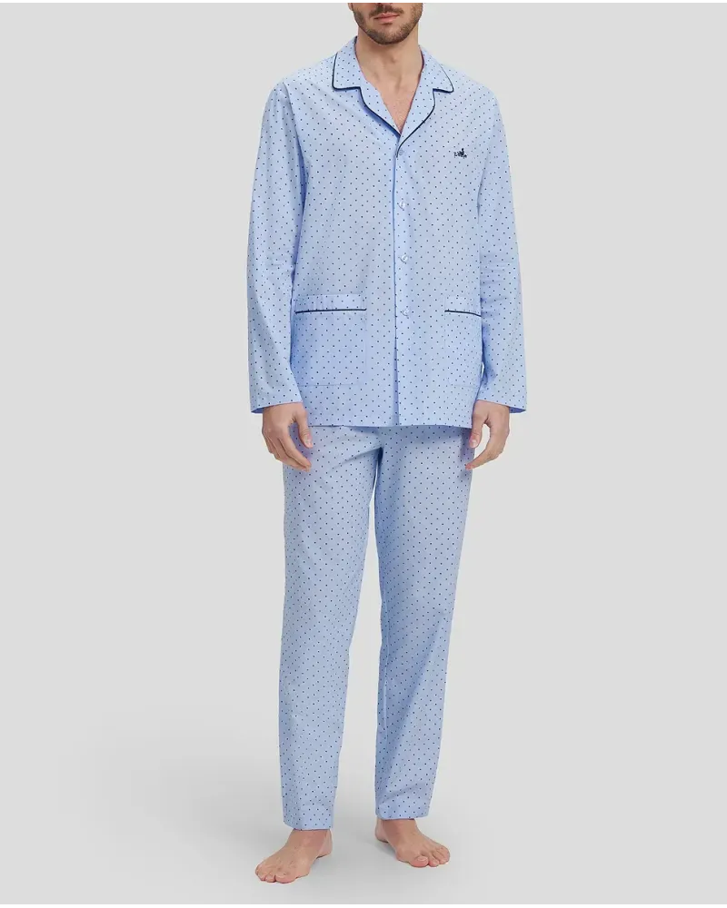 Man in long blue shirt pyjamas, collar with piped collar