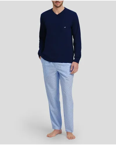 Men's long pyjamas in blue mixed print with pockets