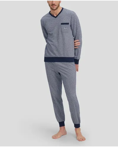 Men's Winter long pyjamas with grey jacquard V-neck and cuffs