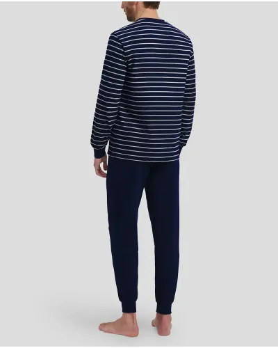 Men's navy striped winter pyjamas with cuffs and V-neck collar