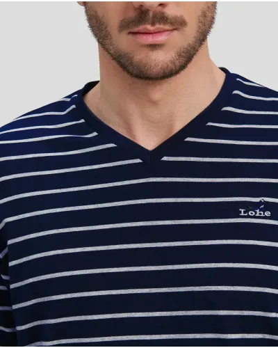Men's navy striped winter pyjamas with cuffs and V-neck collar