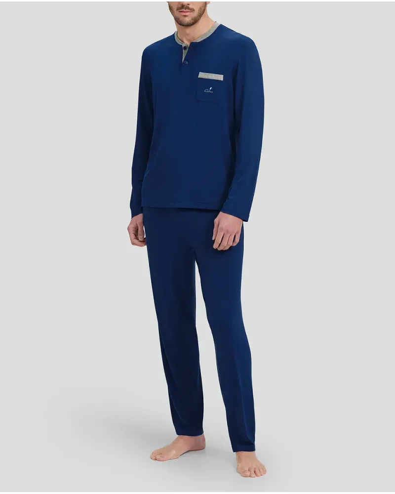 Men's long blue winter pyjamas with button-down collar