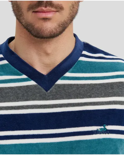 Man with long winter pyjamas in navy and green striped velvet