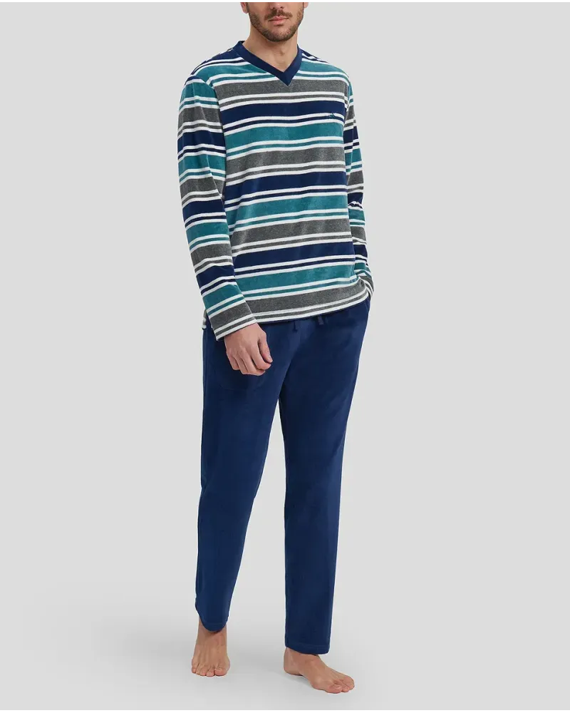 Man with long winter pyjamas in navy and green striped velvet