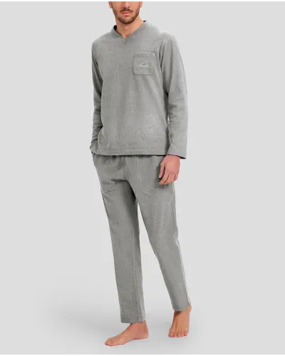 Man in long grey winter pyjamas with V-neck collar