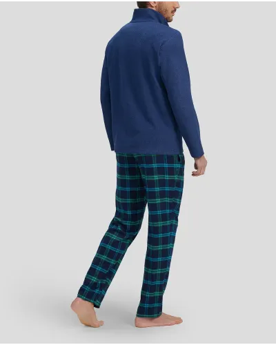 Man in winter pyjamas with blue plain jacket and green checkered trousers