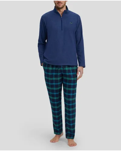Man in winter pyjamas with blue plain jacket and green checkered trousers