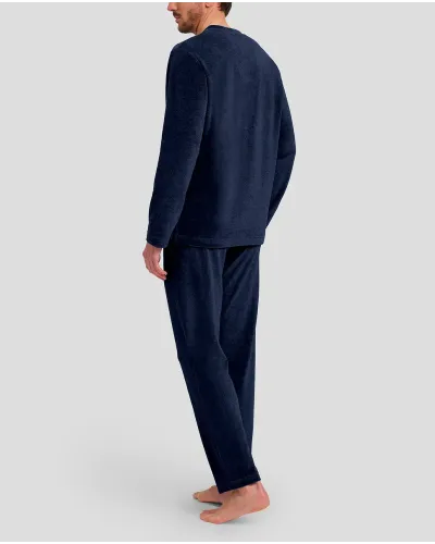 Men's long sleeved men's pyjamas in plain navy velour with long sleeves with pockets
