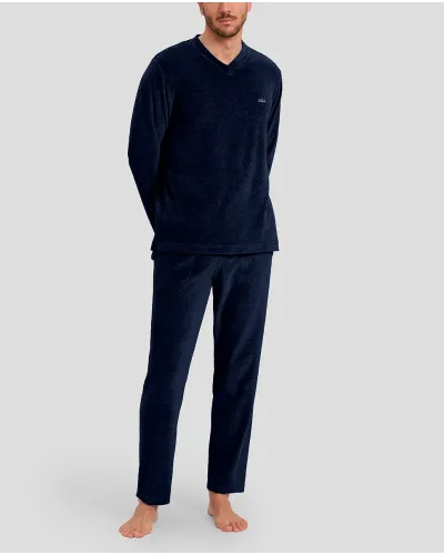 Men's long sleeved men's pyjamas in plain navy velour with long sleeves with pockets
