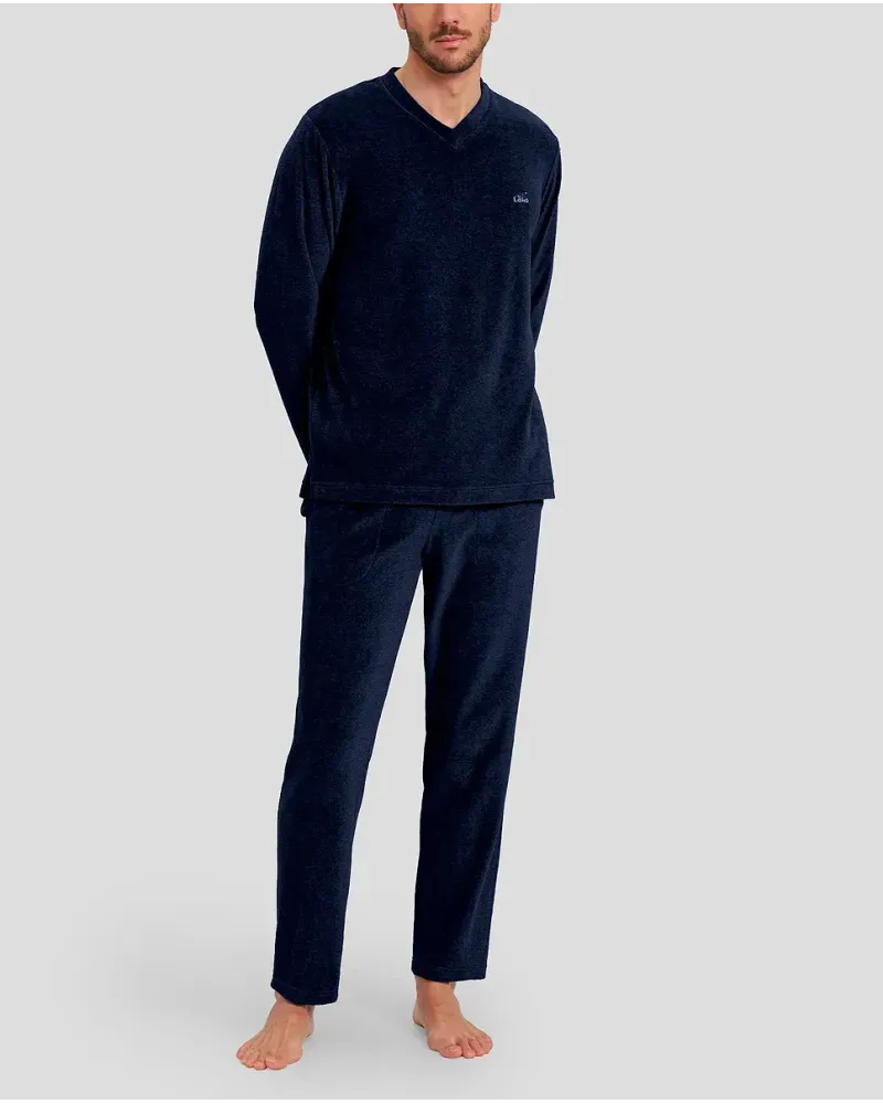 Men's long sleeved men's pyjamas in plain navy velour with long sleeves with pockets