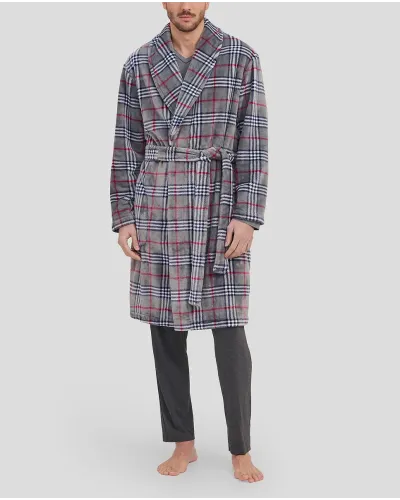 Men's long coat with pockets in grey checked pattern