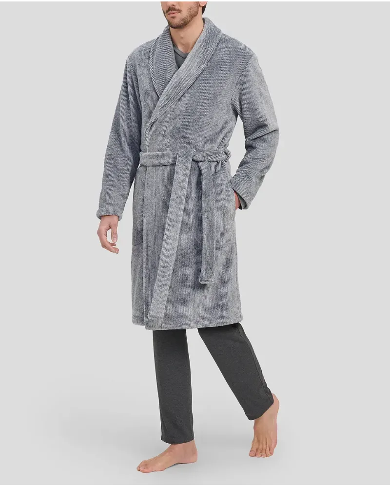 Men's long double-breasted winter coat in grey striped fabric